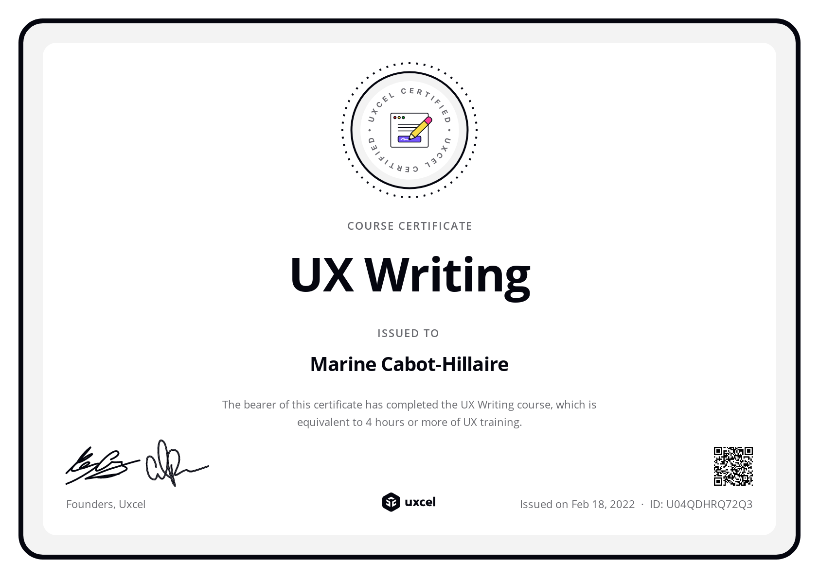 Marine Hillaire's certificate